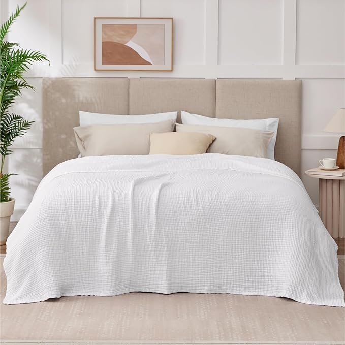 100% Cotton Muslin Blanket King 108" x 90", 6 Layers Breathable and Lightweight Cotton Throw Blanket for Bed, Soft Quilt Bedspread Coverlet, Gauze Blanket for Adults All Season, White