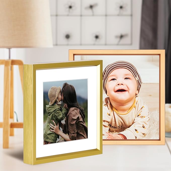 4x4 Picture Frame, Gold Metal Photo Frames with HD Glass, Fits 3x3 with Mat or 4 x 4 without Mat, Display for Wall and Table, 1 Pack