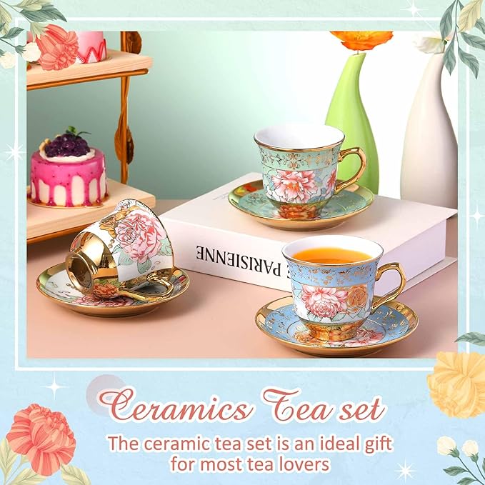Set of 18 Tea Cups and Saucers Tea Party Decorations Floral Porcelain 5.4 oz British Gift for Women Birthday Party, Church, and Mother's Day (Classic Style)