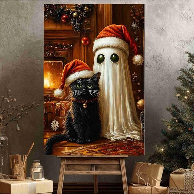 Christmas Pet Canvas Print Ghost and Cat Painting Christmas Cat and Ghost Whimsical Holiday Decor Rural Art print Indoor Decor for Home Living Room Bedroom Pet Lover Bedroom Framed Ready to Hang