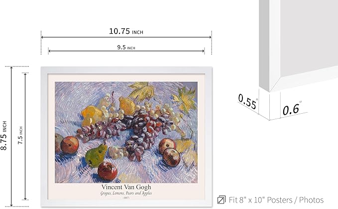 Monem Art Vintage Van Gogh Poster - Retro Grapes Lemons Pears and Apples Print - Impressionism Art - Fruit Art - Fine Art - Classic Painting Art - Great Kitchen Decor - 8x10 White Framed