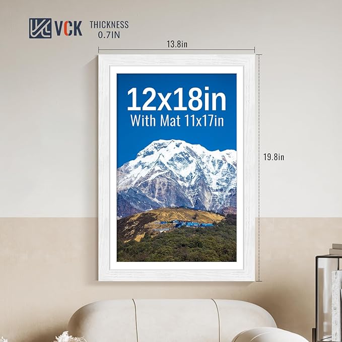VCK 12x18 Picture Frames White Set of 5, Wide Border Wood, Tempered Glass, Display 11x17 Photo with Mat or 12 x 18 without, for Home, Office, Gallery, Woodgrain Series, Wall Hanging
