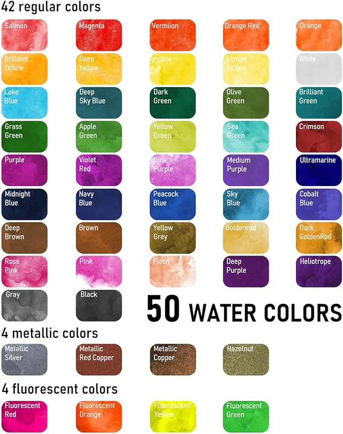 Nicpro 50 Colors Watercolor Paint Set, Including Metallic & Fluorescent Color, 8PCS Pastel Detail Painting Brush, Water Color Paper, Palette, Art Supplies Kit for Artist Adult Beginner with Gift Box