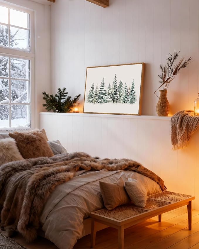 VIYYIEA Framed Canvas Wall Art, Large Vintage Christmas Picture Decor Indoor, 16x24in, Rustic Winter Pine Forest Painting Artwork For Living Dining Room Hallway Fireplace, Holiday Decorations