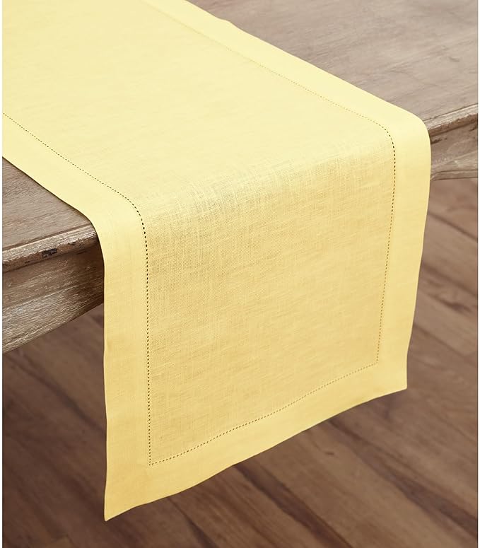 Solino Home Linen Yellow Table Runner 120 Inches Long - 100% Pure Linen Hemstitch 14 x 120 Inch Table Runner for Dining, Valentines, Spring, Easter - Classic Hemstitch