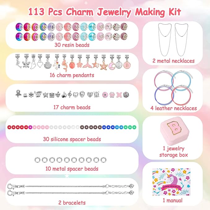 Charm Jewelry Making Kit, Bracelet Making Kit DIY Necklace Kit with Initial Jewelry Box, Unicorns Crafts Birthday Valentines Day Gifts