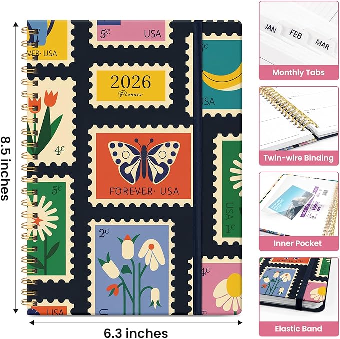 2026 Planner, Weekly and Monthly Calendar Planner for Women, Jan 2026 - Dec 2026, Hardcover Planning Agenda book with Tabs, Spiral Bound, Inner Pocket, Perfect for School Office Supplies, 6.3" x 8.5" - Stamp