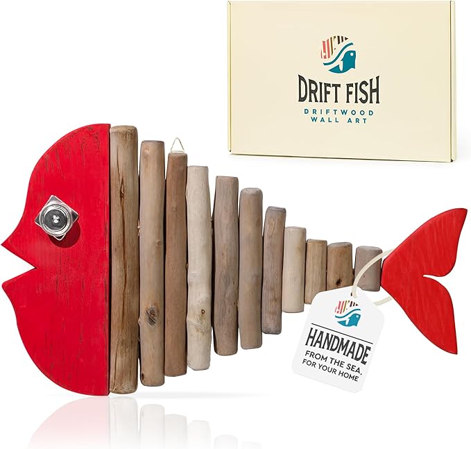Mint Bucket Brands Driftwood Fish Nautical Wall Decor - 18" x 10" Handmade Wooden Rustic Coastal Wall Art for Living Room, Bedroom, Office, Bathroom - Ocean Beach Decoration (Ruby)