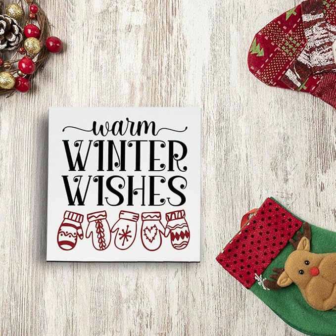 Christmas Wooden Desk Decor Sign, Warm Winter Wishes Wooden Box Sign, Winter Tabletop Home Plaque with Mittens Design, Holiday Farmhouse Decoration for Living Room Bedroom Office 5x5 Inches