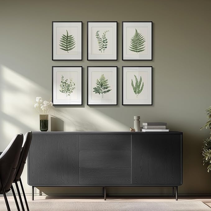 Framed Green Nature Botanical Wall Art, Set of 6 Minimalist Plant Leaf Painting Prints Artwork, Natural Fern Leaves Picture for Modern Farmhouse Living Room Bedroom Bathroom Kitchen Home Decor, 11x14