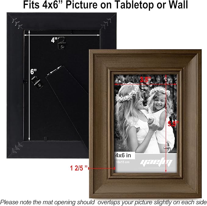 Yaetm 4x6 Picture Frame Set of 4, 1.4” Wide Molding & Brown Wood Grain Photo Frames with HD Tempered Glass, for Table Top & Wall Mounting (4 pack, Brown Wood Grain)