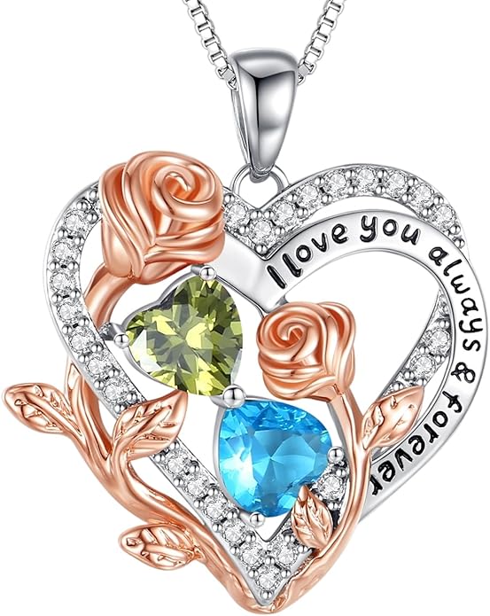 I Love You Birthstone Necklace, 925 Sterling Silver Heart Pendant with CZ Diamond Stones, Birthday Gifts for Women, Romantic Gift for Wife, Girlfriend, Her, Anniversary, Valentine's Day, Christmas