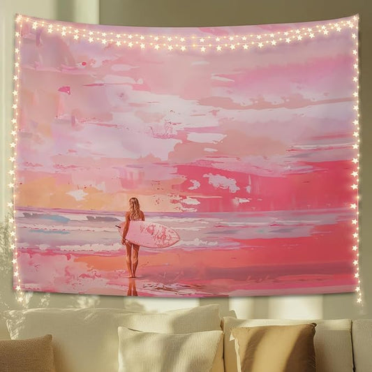 STHTTSW Pink Coastal Cowgirl Tapestry, Aesthetic Beach Tapestries Wall Blanket, Preppy Pink Girly Wall Hanging Decor for Teen Girl Women College Dorm Apartment Bedroom, 50x60 Inch