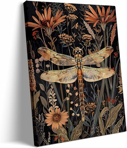 Dragonfly Canvas Wall Art,Moody Wall Art,William Morris Print,Aesthetic Wall Decor,Dark Cottagecore Art,Vintage Animal Dragonfly Posters for Bathroom Farmhouse Decor 20x30in Large Frame