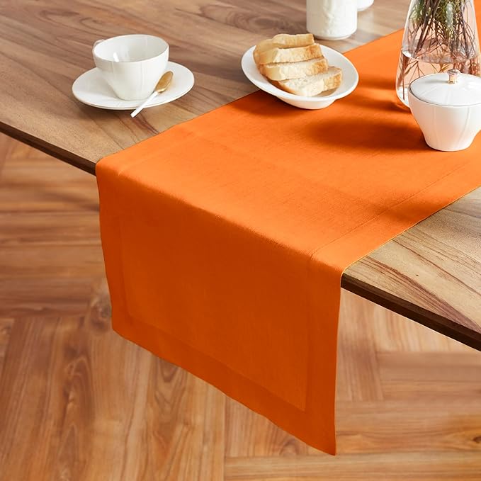 Solino Home Linen Table Runner 120 Inches Long - 100% Pure Linen Pumpkin Dining Table Runner 14 x 120 Inch - Sonoma