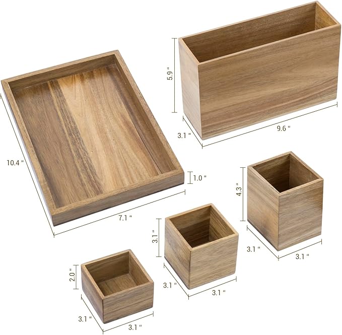 MyGift Wood Desktop Organizer, 5 Piece Premium Acacia Solid Wood Modular Desk Organizer Set with Mail Holder, Pen Holder, Paper Tray for Office Supplies, Home and Office Use