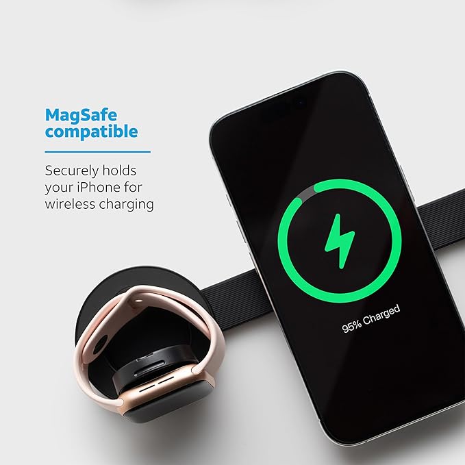 AT&T 3-in-1 Foldable Wireless Charging Station – 15W Qi-Certified Fast Charger Stand for iPhone 15/14/13, Android & AirPods – MagSafe Compatible – USB-C Cable Included – Black