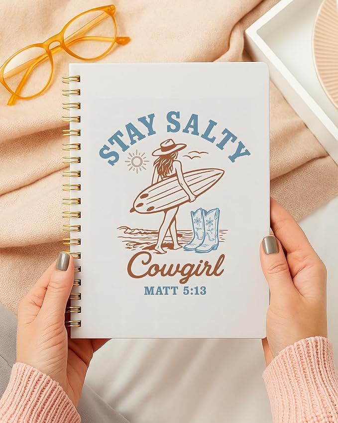 Christian Coastal Cowgirl Notebook, Western Surfing Cowgirl Journal, Summer Coastal Beach Journal for Writing, Matthew 5:13 Bible Verse Spiral Notebook, 5.5x8.3 Inch 559