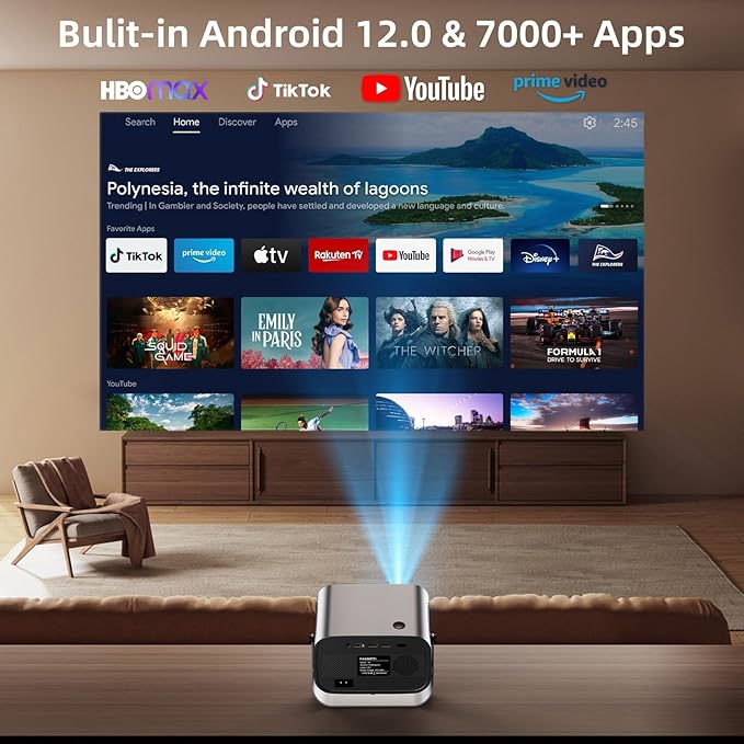 Smart Projector with WIFI and Bluetooth, 800ANSI Native 1080P Portable Projector Built-in Apps, Auto Keystone & Electric Focus Movie Projector for Home Theater Compatible with IOS/Android/HD(Gray)