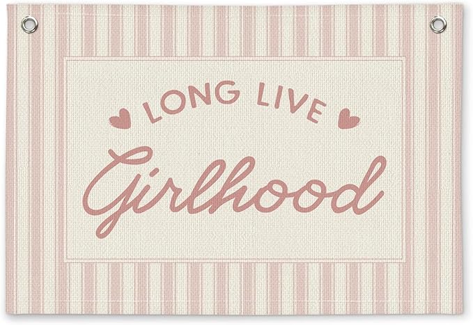 Preppy Long Live Girlhood Pink Striped Girls Room Decor - Linen Banner Wall Hanging Canvas Banner Flag Decor for Girly Nursery Toddler Playroom Bedroom Dorm Apartment