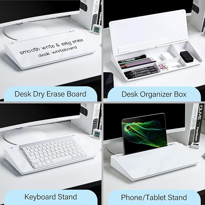Glass Desktop Whiteboard with Storage 15" x 7" Desk Dry Erase Board with Marker & Eraser Compact Desk Organizer Computer Keyboard Stand Desk Board Buddy for Office, Home, School