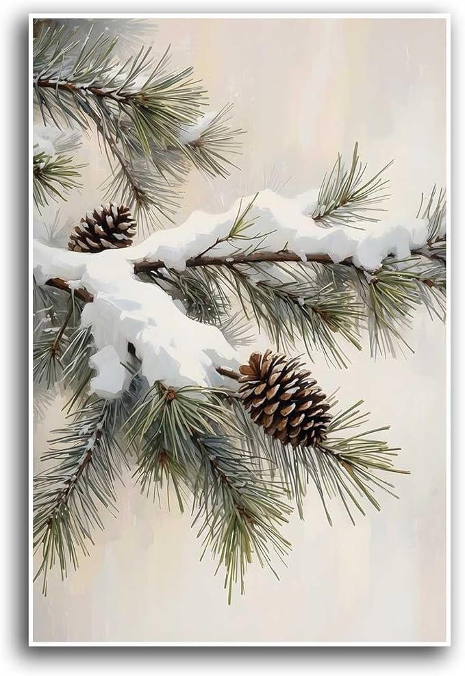 Canvas Wall Art Snowy Fir Branch with Pinecones Vintage Winter Botanical Art Rustic Cottagecore Nature Decor Christmas Wall Print 12x18in-UnFramed