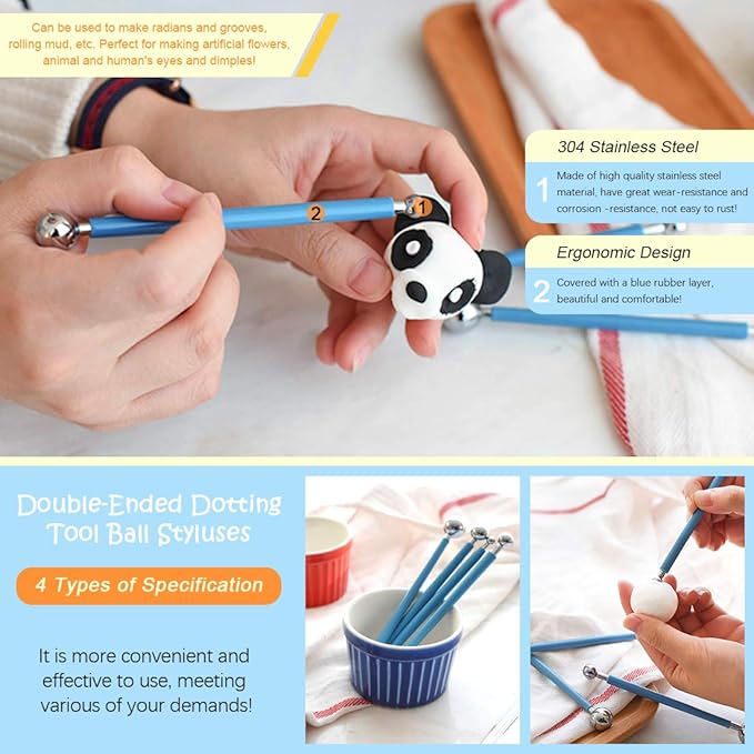 Rustark 24 pcs Pottery Tools Polymer Modeling Clay Sculpting Tools Set Dotting Pen, Silicone Tips, Ball Stylus, Pottery Ceramic Clay Indentation for Clay Ceramic Sculpture, Cake Fondant Decoration