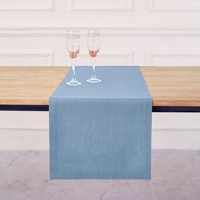 Solino Home Linen Table Runner 120 Inches Long - 100% Pure Linen Dusty Chambray Blue Table Runner 14 x 120 Inch for Winter, Spring, Easter - Diana Medium Weight