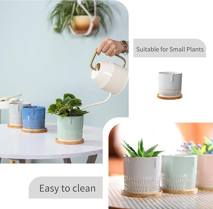 4 Inch Ceramic Planters with Drainage Hole and Bamboo Tray, Face Pattern Succulents Pots for Indoor Outdoor Plants, Cactus, Herbs, Multicolor, Set of 4