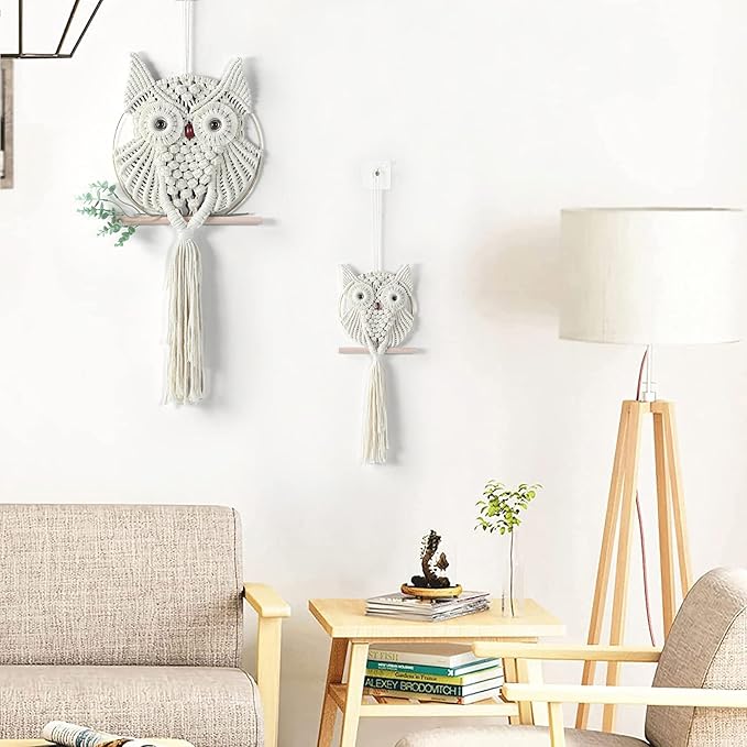 MVSUTA Owl Ivory Cotton Handmade Macrame Wall Hanging Tapestry Home Decor Art and Beige Craft Wonderful Decoration Woven Boho Ornament for Office Bedroom Apartment Living Cream Nursery Gallery,2pcs