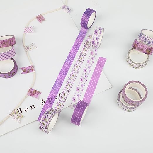 12 Rolls Lavender Washi Tape, Purple Floral Masking Tapes, Flower Butterfly Decorative Tape for Journals, Planners, Scrapbooking, Packaging, DIY Arts Crafts, Wrapping 16.4FT