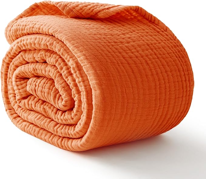 100% Cotton Muslin Blanket King 108" x 90", 6 Layers Breathable and Lightweight Cotton Throw Blankets for Bed, Soft Cooling Summer Gauze Blanket for Adults All Season, Orange