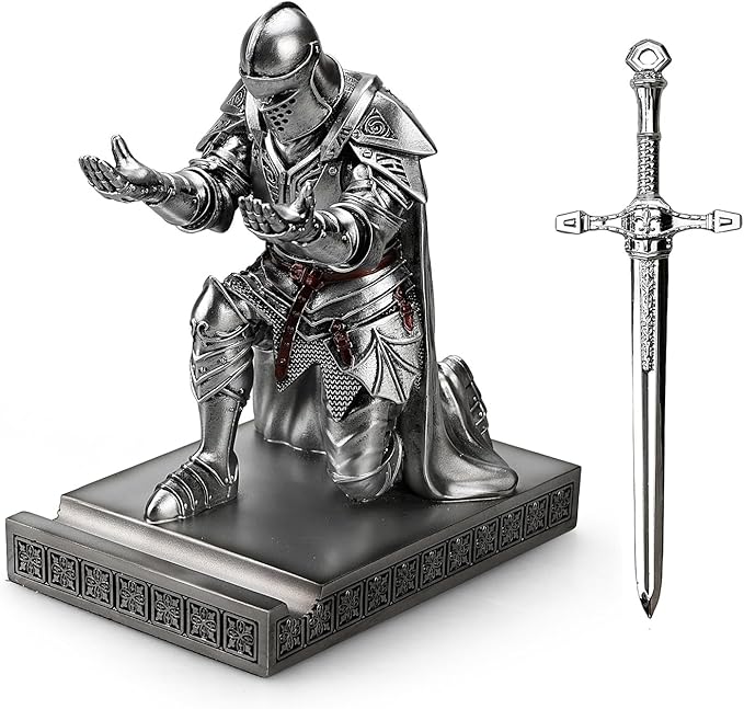 King's Guard Leader Cloak Warrior Knight Pen Holder Mobile Phone Stand, Ornament Knight Statue, Pen Stand Paperweight for Office and Home (Silver)