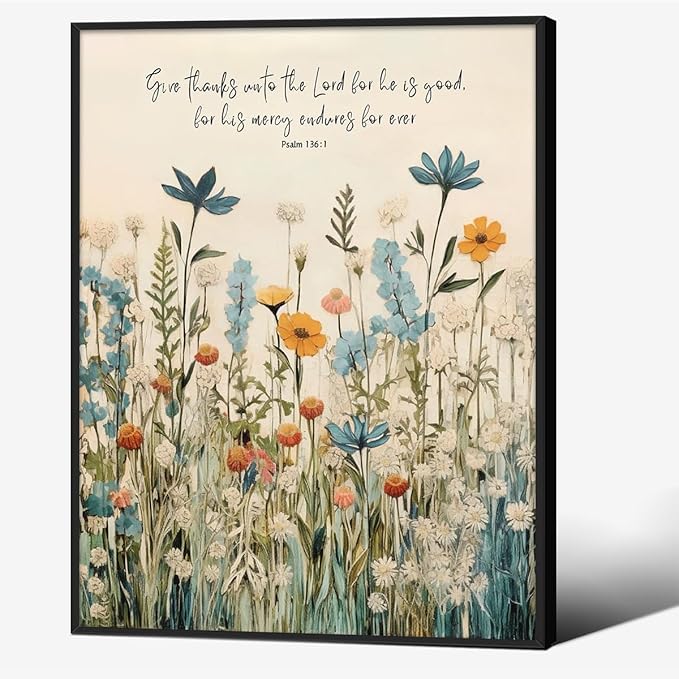 Religious Christian Wildflower Wall Art Bible Verse Scripture Poster Vintage Botanical Canvas Prints 08x10 inch Black Framed for Apartment Bedroom Gallery Wall Decor