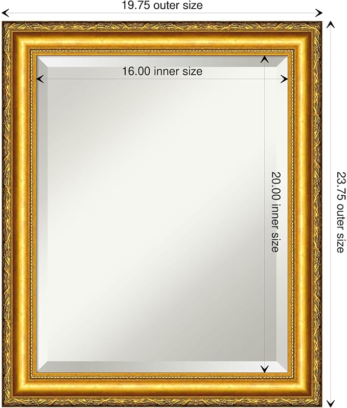 Amanti Art Gold Wall Mirror 24x20 Colonial Embossed Gold Rectangle Bathroom Mirror for Wall Decor Living Room, Small Traditional Wood Frame, Hangs Horizonally and Vertically, Bathroom Decor, Beveled