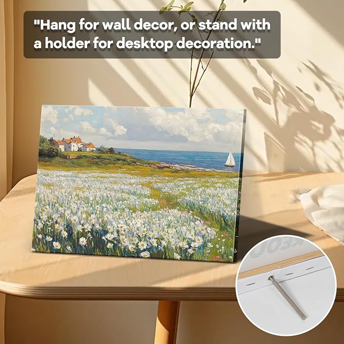 WOXZQ Coastal Daisy Field Wall Art – 15x12 Inch Cottage by the Sea Print – Vintage Floral Landscape with Sailboat – Frameless Laminated Paper – Hanging & Tabletop Display