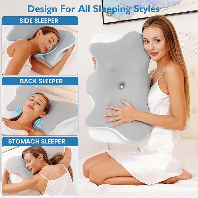 2PCS Cervical Pillow for Neck Pain Relief, Neck Pillow for Sleeping Side Sleeper Ergonomic Memory Foam Support Pillows Back Sleepers for Sleeping,Machine Washable Pillowcase Grey