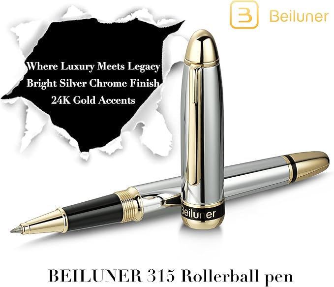 BEILUNER 315 Luxury Rollerball Pen, Stunning Silver Chrome with 24K Gold Finish, Luxury Grade Craftsmanship, Best Pen Gift Set for Men and Women, Graduation, Executive, Office, Fancy, Nice Pens