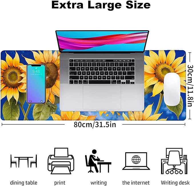 Sunflower Pattern Gaming Mouse Pad, Office Desk Mat, Anti-Slip Rubber Base Cool Aesthetic Mouse Pads for Computer Laptop Keyboard School Home Desktop Gamer Home Accessories Decor 31.5" x 11.8"