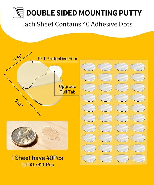Upgraded Removable Mounting Putty with Pull Tab, Double Sided Adhesive Dots, No Trace Tape Sticky Tack Dots for Picture Crafts, 320 Pcs 0.31" x 0.51"