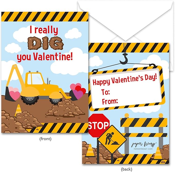 Paper Frenzy Construction Themed Valentine Cards WITH ENVELOPES - 25 Pack