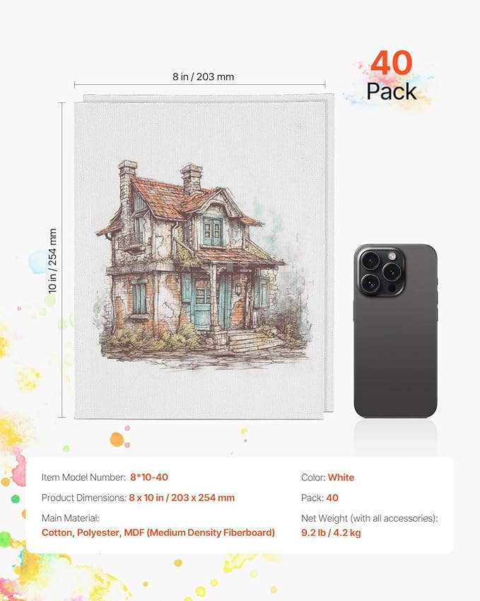VEVOR Canvas Boards for Painting, 8 x 10 Inch White Canvases for Painting, 40 Pack Painting Canvas Panels for Sketching, Acrylic and Oil Painting, Watercolor, Paint Canvas for Kids and Professionals