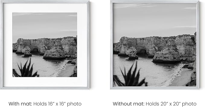 HAUS AND HUES 20x20 Silver Metal Picture Frames Matted to 16x16 - Premium Aluminum with Hanging Hardware, Shatterproof Plexiglass - Ideal for Home or Office (20x20 in, Silver, Set of 4)