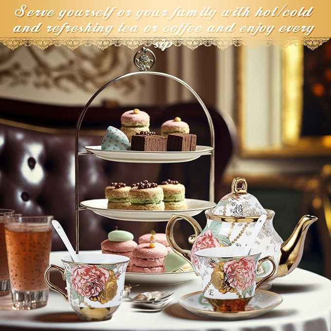Zhehao 20 Pcs Porcelain Tea Set with Metal Holder and Spoon Adult Ceramic Tea Set European Flower Painting Teapot Cup Saucer Spoon for Women, Large Version(Bright Style)