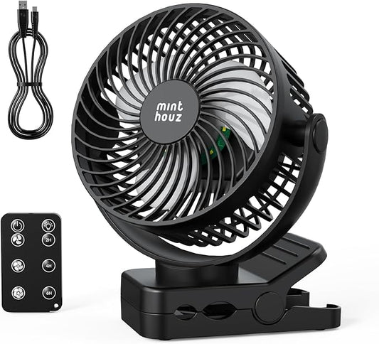 Minthouz Clip on Fan, 12000mAh Desk Fans, 360° Rotation Rechargeable Portable Fan with 45hrs Runtime - Quiet 3 Speeds, Wireless Remote, Timer, Input/Output Ports - Lightweight for Travel & Office