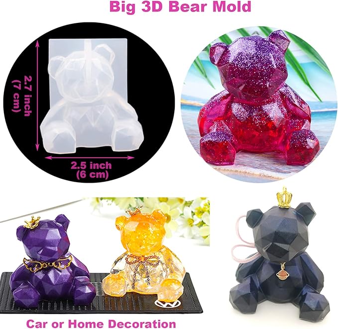 EuTengHao 132Pcs Animal Silicone Molds DIY Resin Casting Kit Contains 4 Bears 3D Bear Rabbit Cat Paw Mold Necklace Pendant Time Gem Eiffel Tower Jewelry Crystal