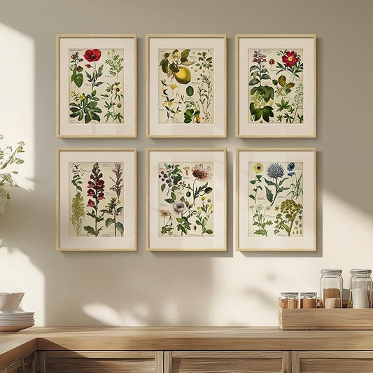 Framed Floral Botanical Wall Art, Set of 6 Green Painting Canvas Prints with Mat for Modern Farmhouse Kitchen Wall Decor, Rustic Plant Flower Pictures for Living Room Bedroom Dining Room Hallway, 11x14