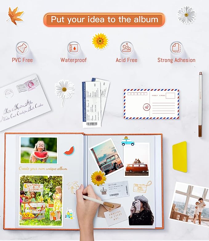 popotop Photo Album Self Adhesive with Picture Display Window,40 Pages DIY Scrapbooking Supplies Kit for 4x6 10x12 Picture,Linen Cover Memory Book for Baby Wedding, with Scraper and Metallic Pen