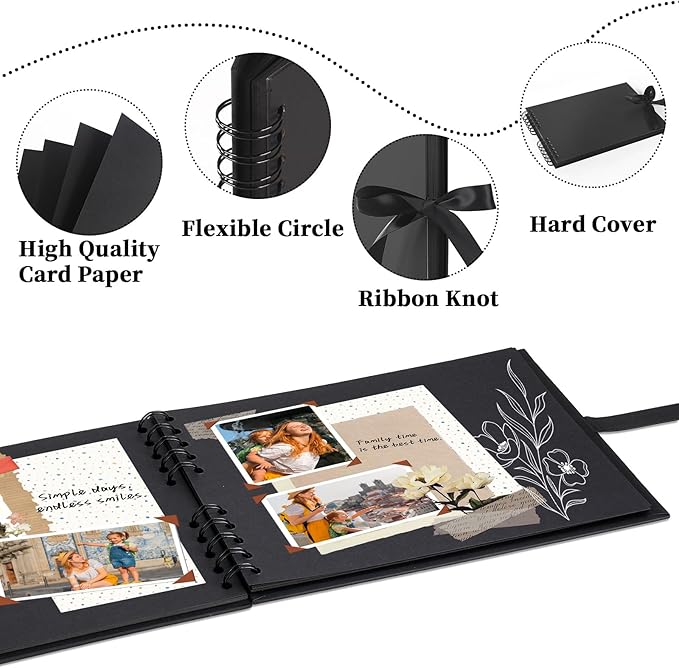 Vienrose Scrapbook Album 80 Pages, DIY Photo Album with Accessories, Black Kraft Paper Memory Book for Wedding, Birthday, Travel, Christmas, Mother’s Day, 11x8 Inches