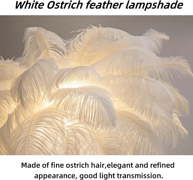 Chic White Feather Floor Lamp Nordic Ostrich Feather Lamp Girl Furry Floor Lamp Standing Floor Lights Modern Princess Bedroom Bedside Reading Light for Living Room Sofa Hotel Bedroom